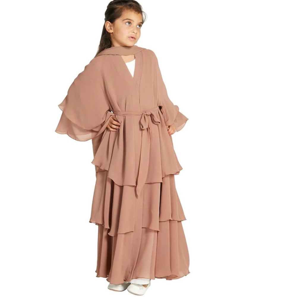 New IDOPIP Abaya light brown Dress Girls 9-10 Years Chiffon Tiered Belted Hijabi